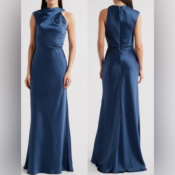 NEW AMSALE Asymmetric Neck Sleeveless Satin French Blue Gown Sz 4 - Picture 1 of 7